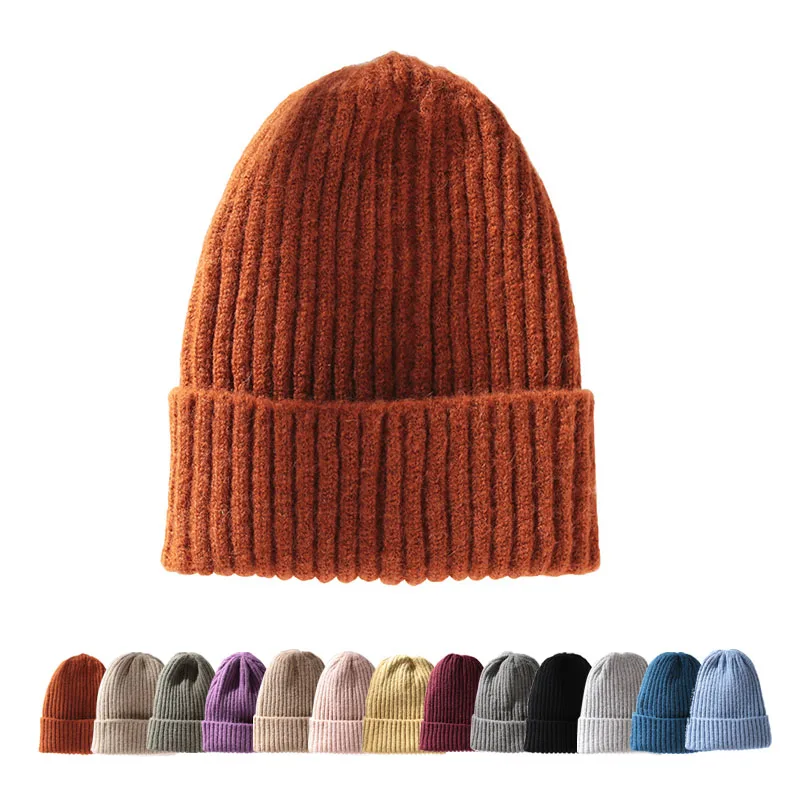 Wholesale Beanies Knitted Hats Autumn Winter Warm Fleece Custom Embroidery Logo Rib Winter Thick Acrylic Knitted Hats