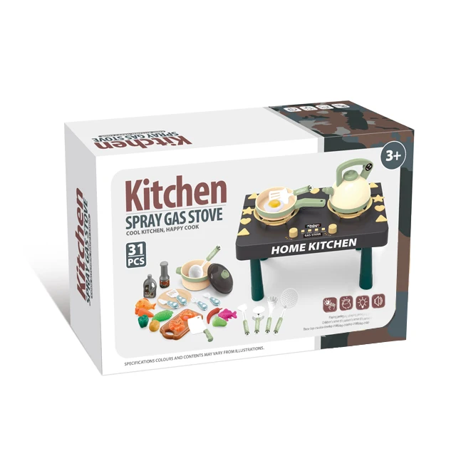 DIY Toy Pretend New Playing Kitchen 31pcs with sound light and spray function Simulation Army green Spray gas stove set