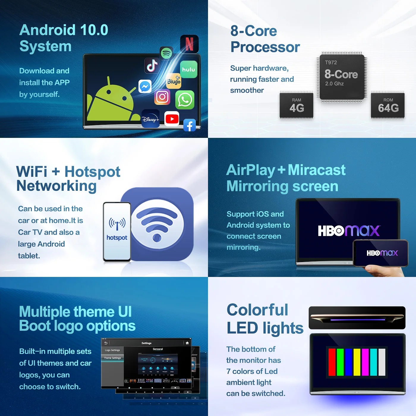 Back Seat Headrest Monitor Touch Screen 13.3 Inch Android 10.0 1080P WIFI/BT Headset/USB/HDMI/Airplay Tablet Movie Video Player