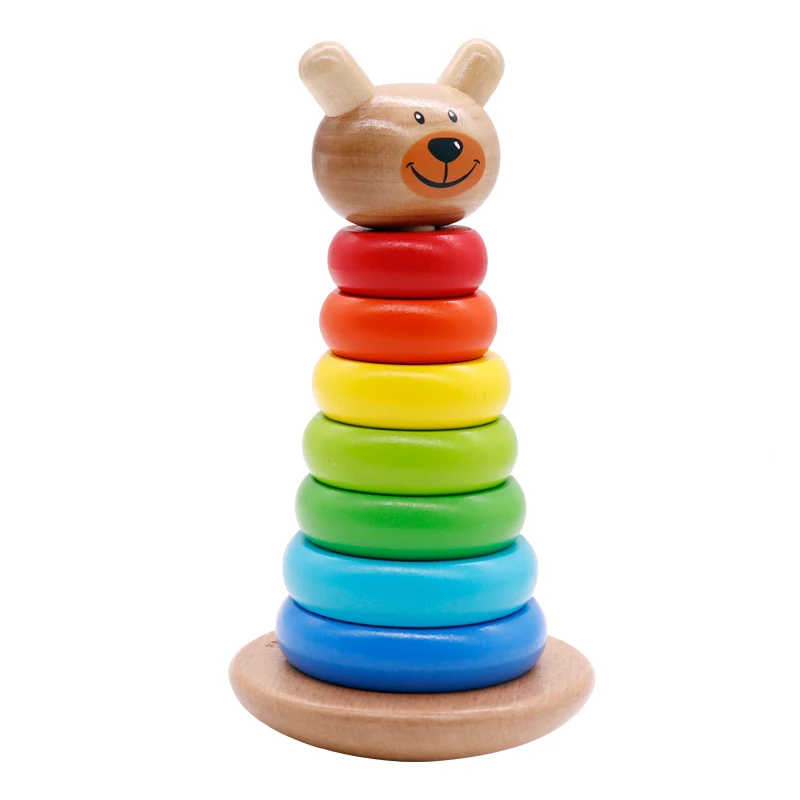Wooden Rainbow Tower Ring Building Blocks Stacking Toy Bear Colorful Tower for children