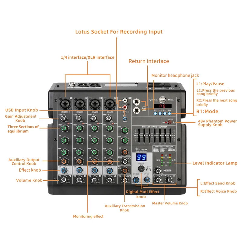 Biner B6 Professional Hot Sale Built in 99 Types of DSP Effect 6 Channels Digital Sound Mixing Console usb audio mixer