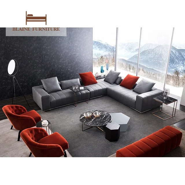 Modern Italian Style Minimalist Furniture Big L Shape Saddle Leather Metal Feet Sectional Corner Sofa Set Reception Office Sofa