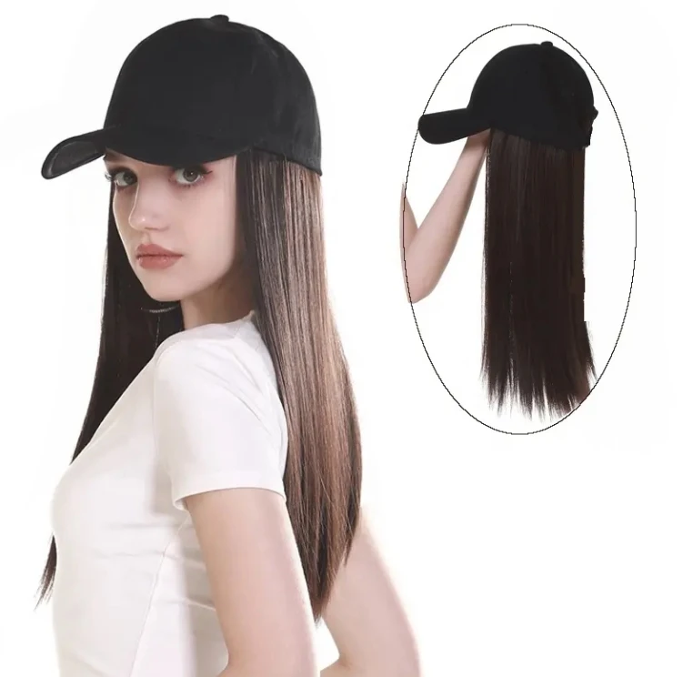 Fashion Baseball Cap With Natural Hair Extensions Synthetic Silky Straight Hair Hats With Attached For Women