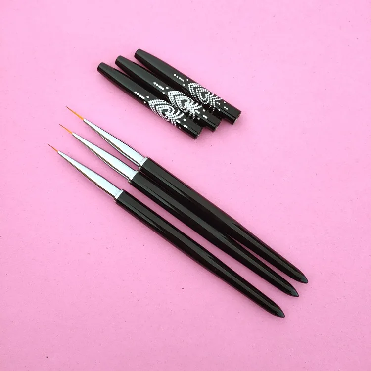 Black Rhinestone Nail Liner Painting Brush Long Liner Pen For Nail Art Stripe Pattern Brush