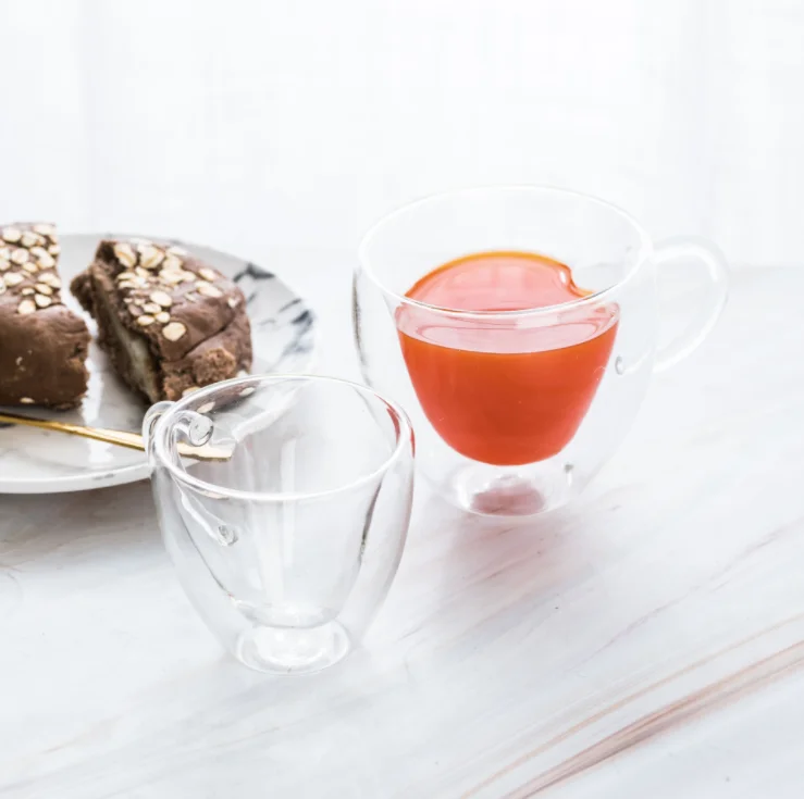  New design heart shape double wall glass cup juice milk mug