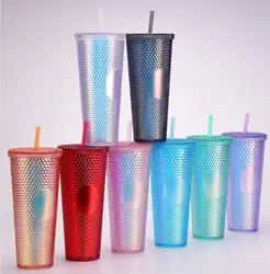 BPA Free Double Layer Cups Coffee Cup Plastic Diamond Tumbler Durian Cup With Straw And Lid