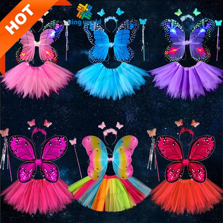 Kids Birthday Butterfly Dress Up Girl Performance Fairy Dress Halloween Party Cosplay Tutu Skirt with Cute Light Wing