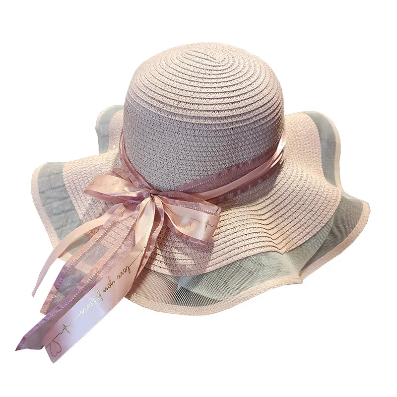 2020 new lace straw hat women summer wavy big brim sun hat women sunscreen summer ribbon hat