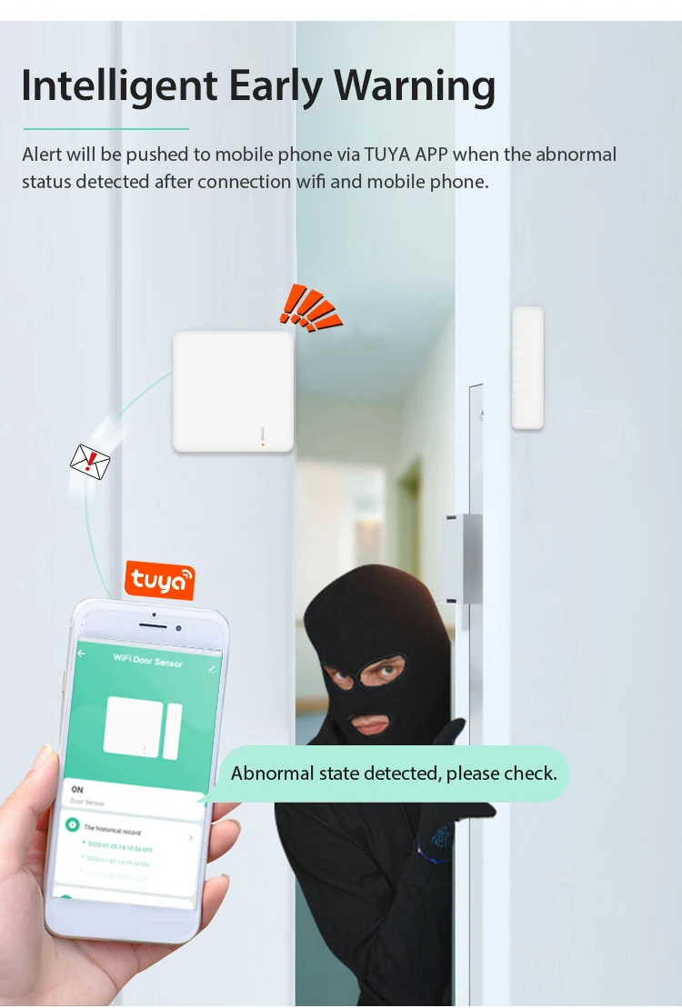 130DB Loud Sound TUYA App System WiFi Connection Door Window Sensor For Home Security Alarm