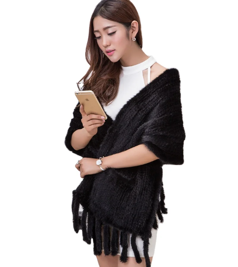 MWFur Fashion Winter Mink Hair Warm Scarf  For Lady Fashion Mink Fur Scarf Women Knitted Fur Shawl With Pocket