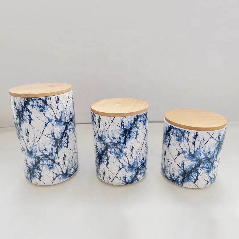 Набор из трех контейнеров синего цвета керамическая банка для хранения чая кофе сахара с бамбуковой крышкой