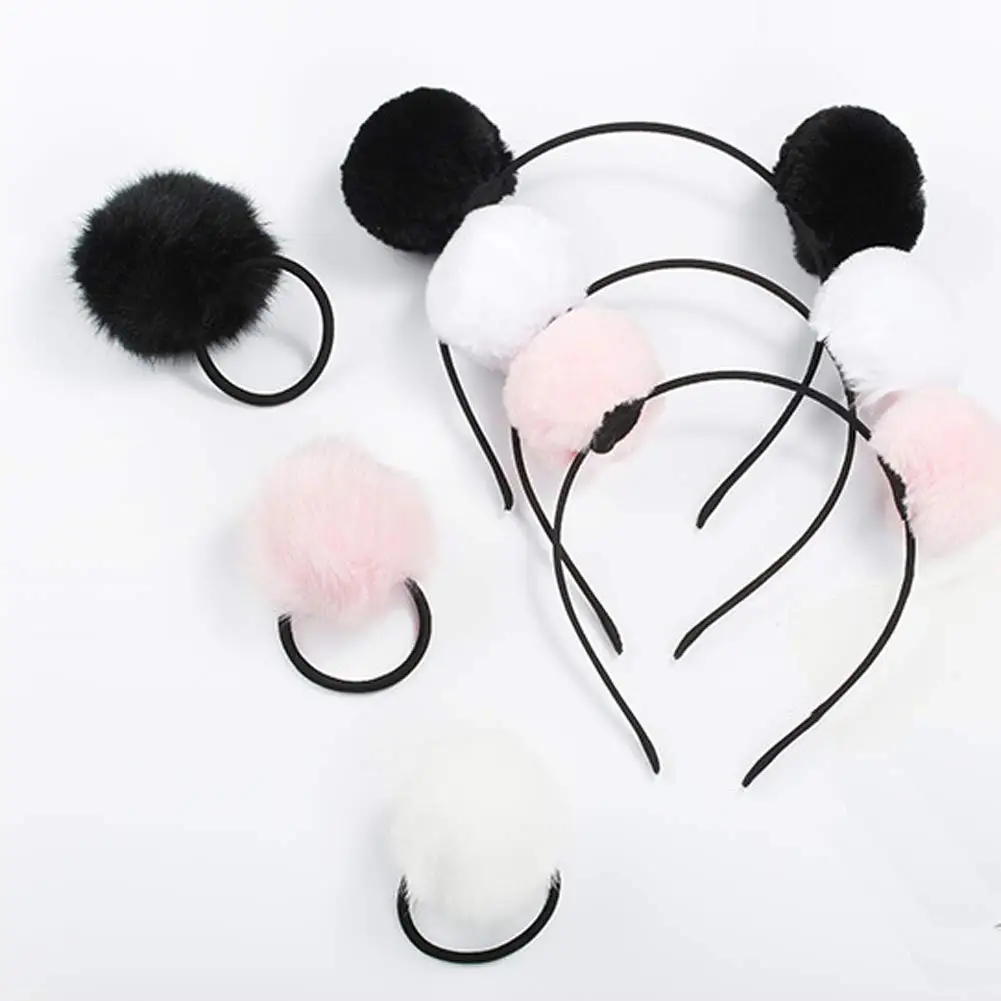 Fluffy Furry Pom Ball Headband Faux Fur Animal Ears Double Pom Headband PomPom Head Bands for Girls and Women