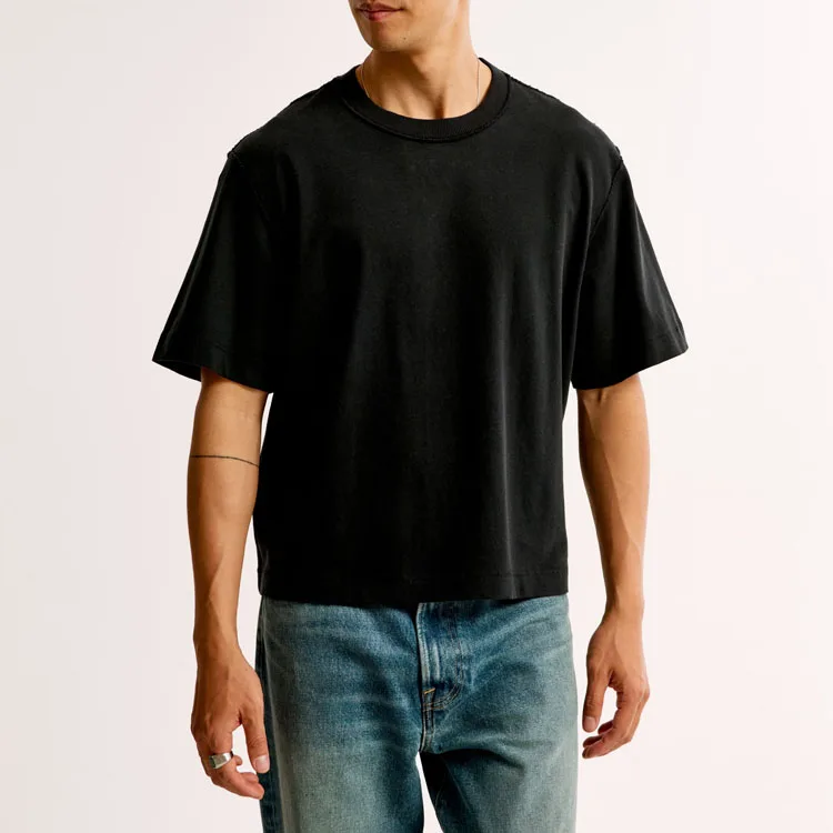 Heavyweight Men Premium Cotton Cropped T Shirts Custom Logo Boxy Fit Streetwear T Shirt