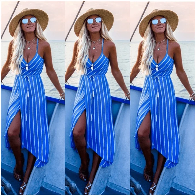 
LLDRESS 2019 Hot Sale Casual Women Beach Printed Stripe Dress Irregular Bohemian Holiday Dress Ladies New Style Factory 