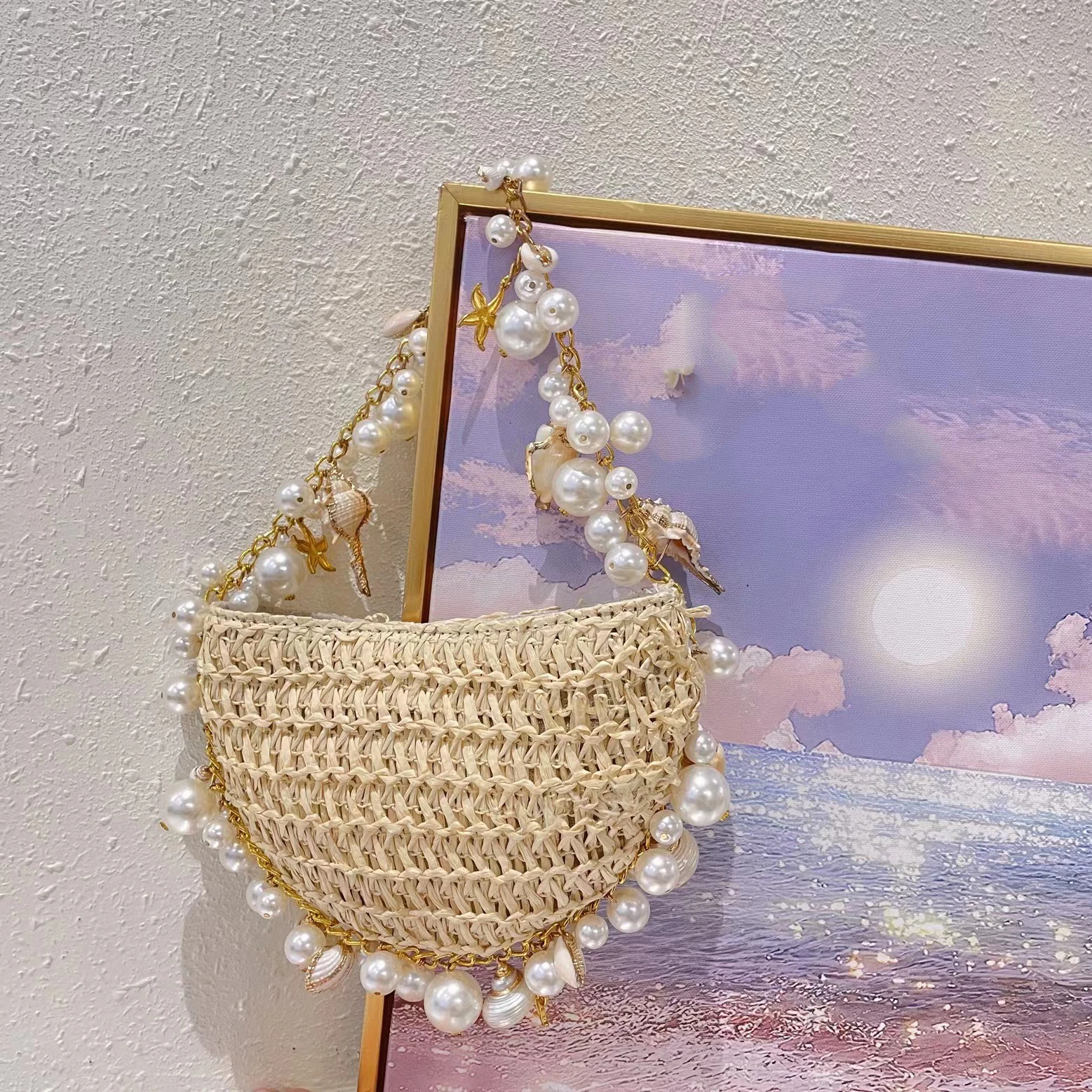 New Beach Holiday Travel Tote Bag Conch Star Straw Woven Shoulder Bag Fairy Underarm Handbag NE1128