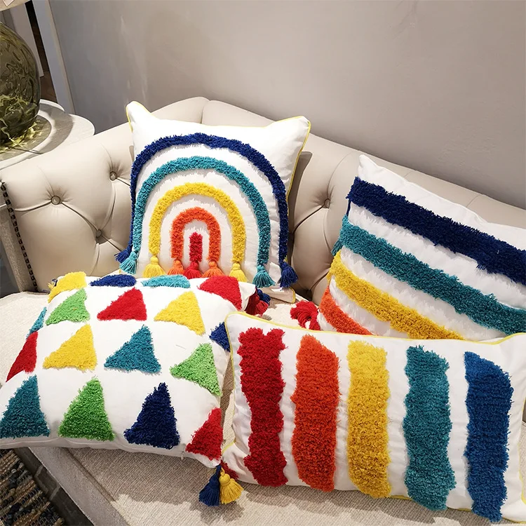 Wholesale colorful tufted pillow rainbow tassel throw pillow covers