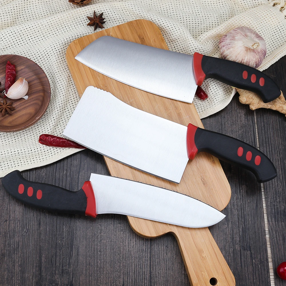 Набор пластиковых кухонных ножей с изогнутой ручкой 3 шт. 7 зубцов + поваров цветной