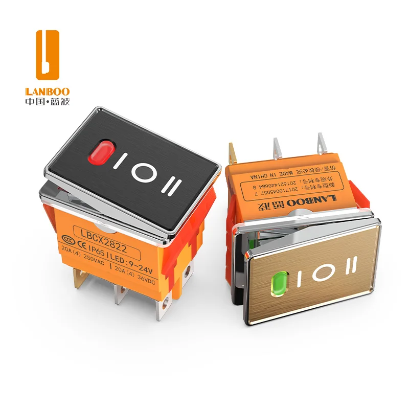 LANBOO 2822 2nd/3rd gear high-end 20A high current with red, green and blue luminous IP65 metal rocker button switch