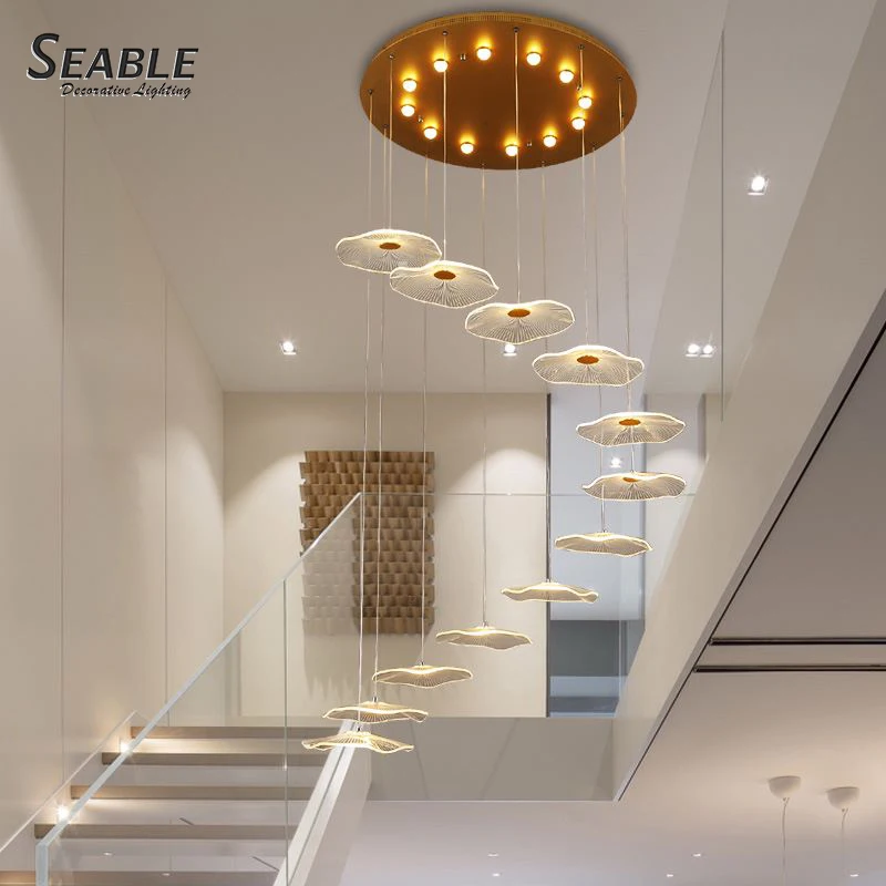 Modern Custom Large Long Stairs Lighting Led Acrylic Pendant Lamp Flower Spiral Staircase Chandelier