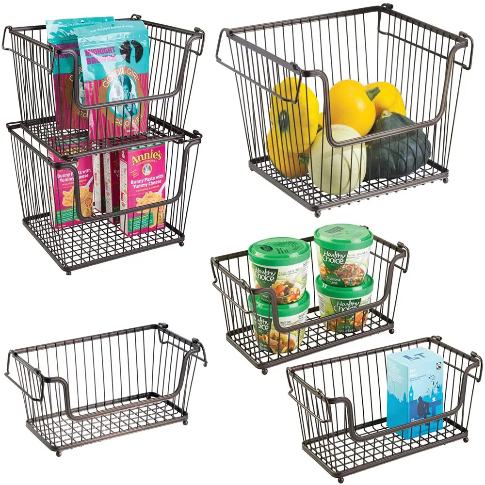 Metal Wire Household Stackable Storage Organizer Bin Basket with Handles For Kitchen Cabinets Pantry Closets Bathrooms