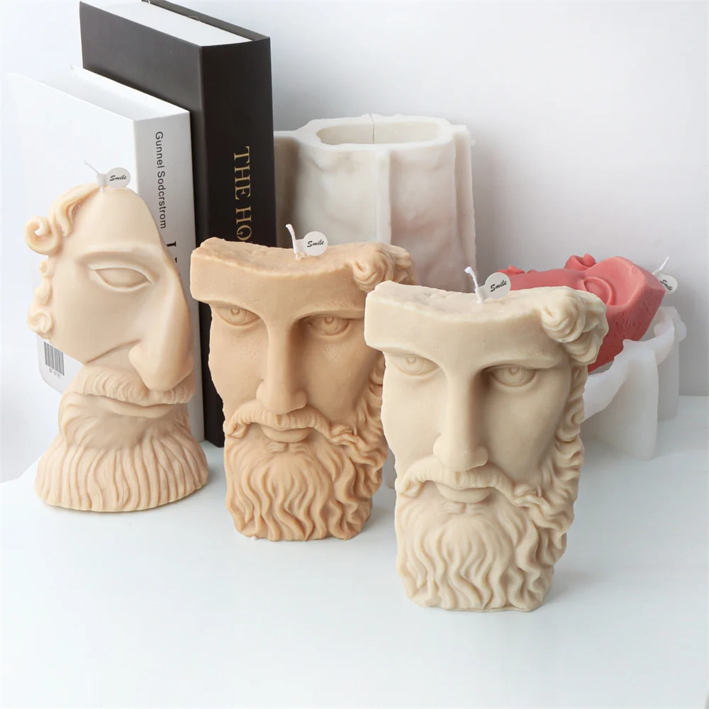 Greek Abstract Art Portrait Prometheus Candle Silicone Mold Freud Half Face Beard Man Statue Religion Man Silicone Model