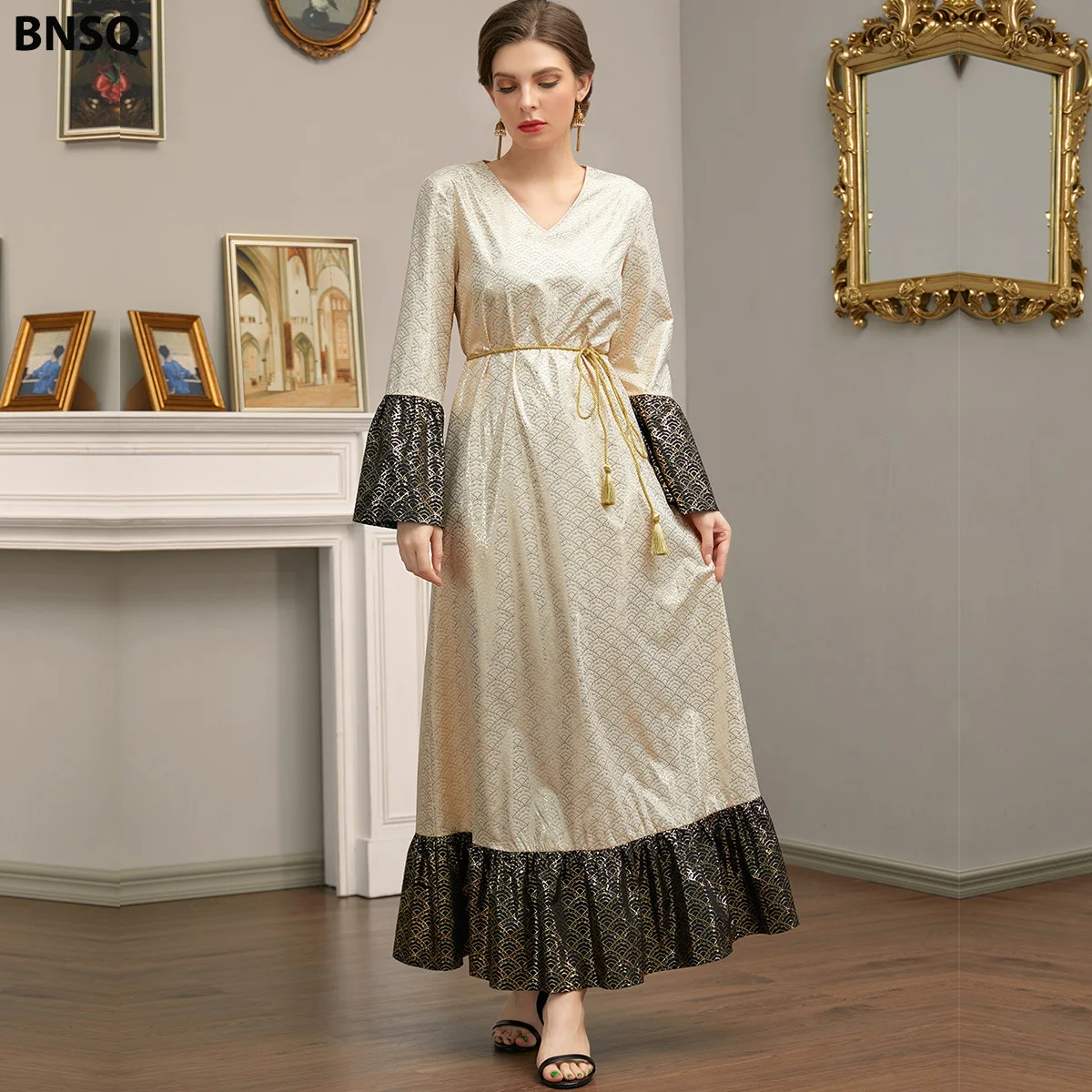 SIPO Women Traditional Muslim Women Abaya Dress Fower Blooming Long Sleeve Maxi Length Cardigan Robe with Sashes Saudi Arab Duba