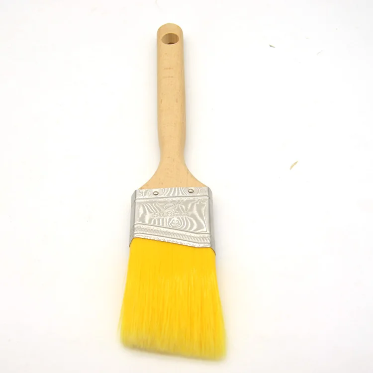 High Quality Yellow Wooden Long Handle PBT Synthetic Tapered Filament Angle Sash Paint Brushes