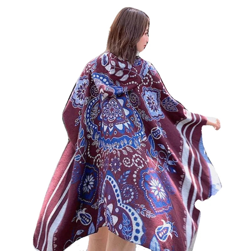 Wool Ponchos Capes Women Floral Shawl Capes Thicker Cloak Blanket Scarf Winter Poncho Thick Women Cloak