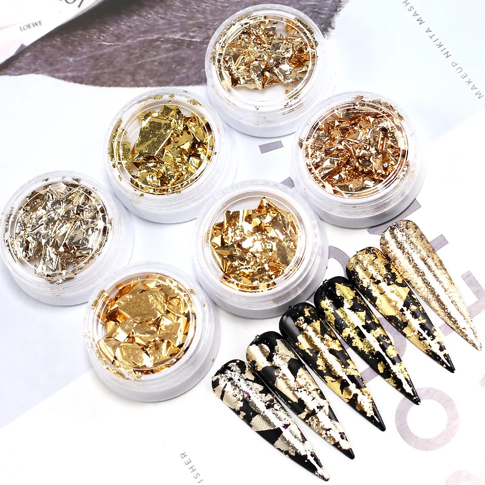 Gold Colorful Glitter Nail Art Foil Nuggets Irregular Paillette Aluminum Metal Nail Sticker For Nail Art Design Decoration