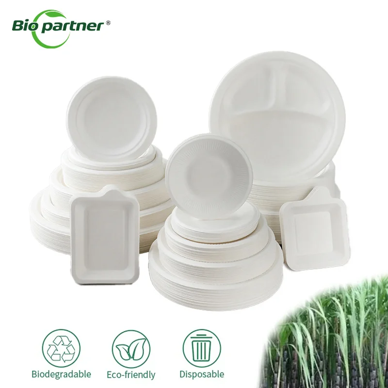 Wholesale BPA Free birthday Round Disposable Sugarcane Pulp Paper Party White Plate Wedding Dinner Plates Tray