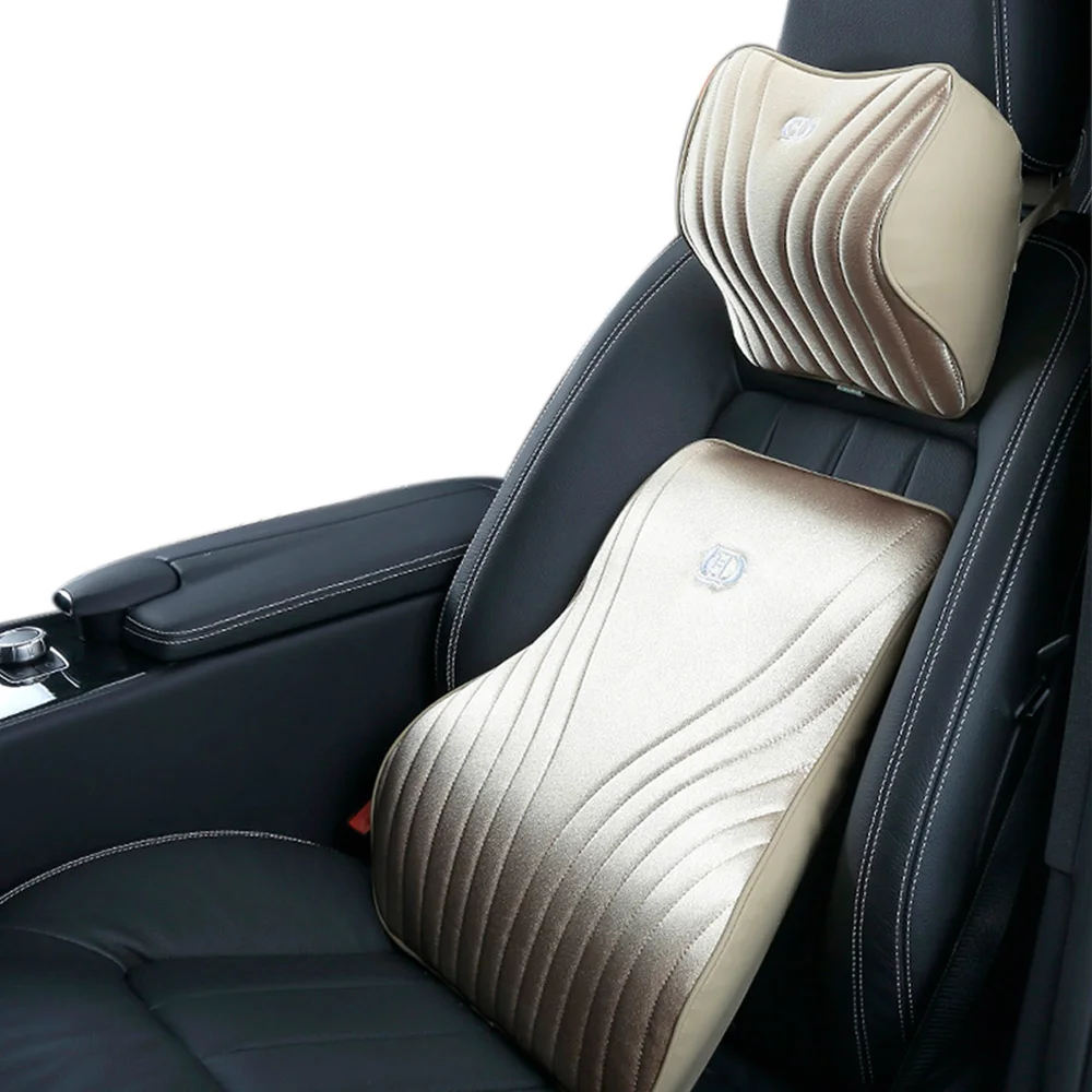 Breathable Car Seat Neck Rest Pillow Set Silk Leather Back Cushion Support Head Waist Pillows
