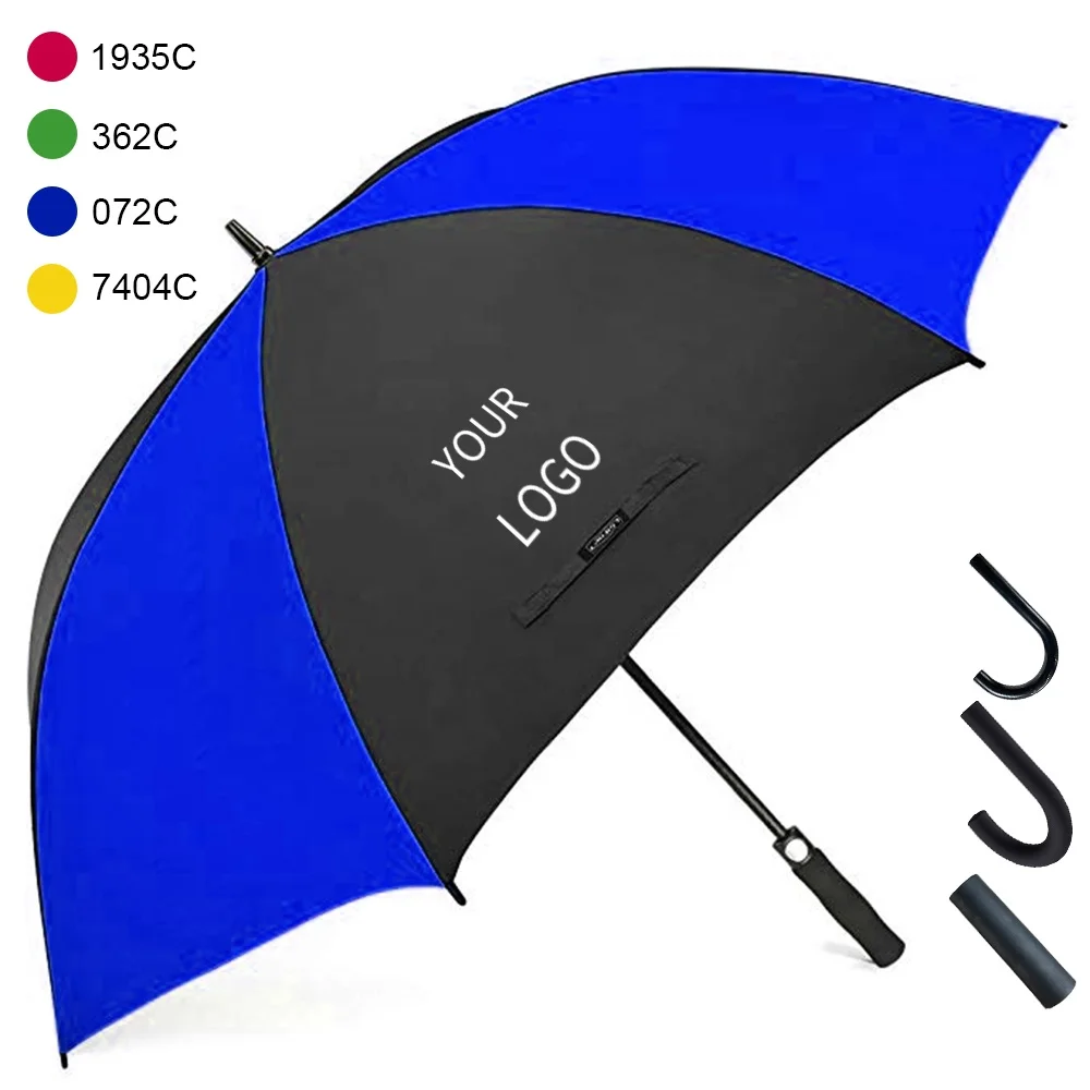 Ready to Ship Automatic Custom Golf Umbrella Windproof Fiberglass Promotional Logo Prints Plastic Handle Straight Style Adults