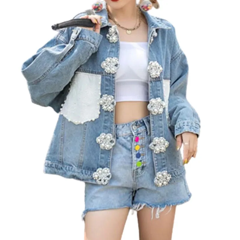 custom long sleeve fashion patchwork blue jean jackets women European and American pearl button women coats jackets