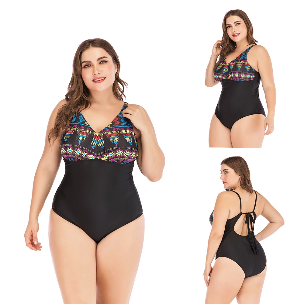 
SESEASUN black print women sexy one piece swimsuit halter neck cross bandage monokini swimwear mature women plus size bikini 5XL 