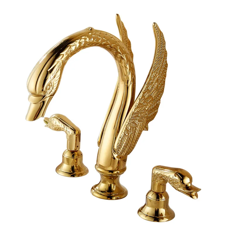 European style Luxury Golden Swan Basin Three Hole Faucet Washbasin Hot And Cold Split Bathtub Faucet Crystal GF1347