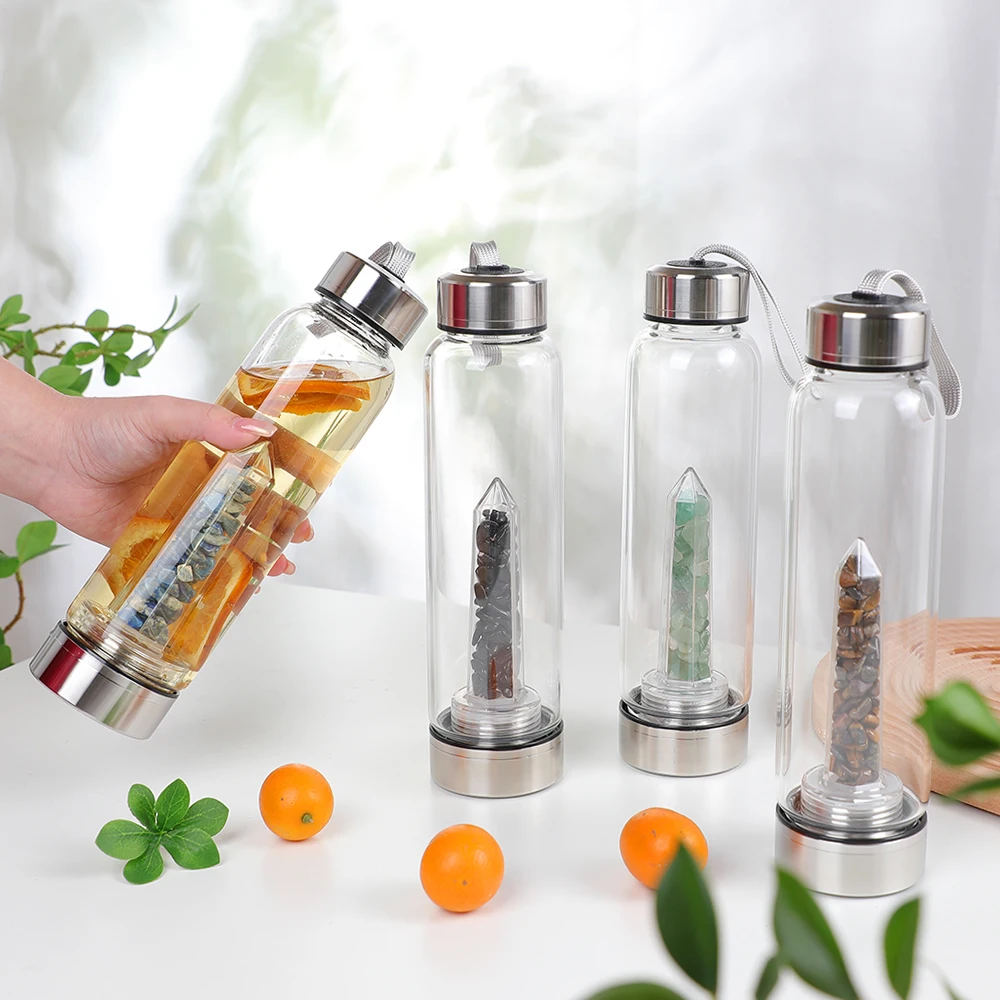Wholesale Gemstone Custom Durable Glass Stainless Steel Bamboo Crystal Energy Water Bottle With Quartz