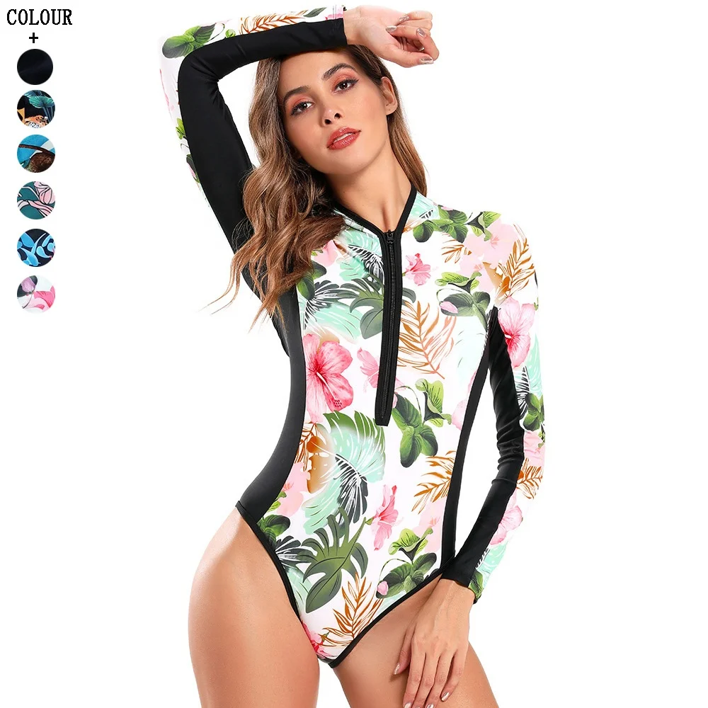 Summer Beach Fitness Swimwear Flower Printed One-Piece Swimsuit Zipper Front Bathing Suits for Women