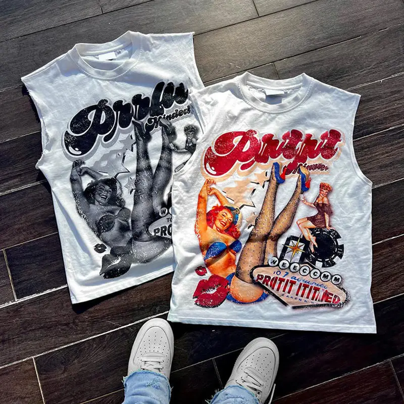 Custom Logo Silk Screen Print Heavyweight Crew Neck Sleeveless T Shirts Men 100% Cotton Sleeveless T-Shirt for Men