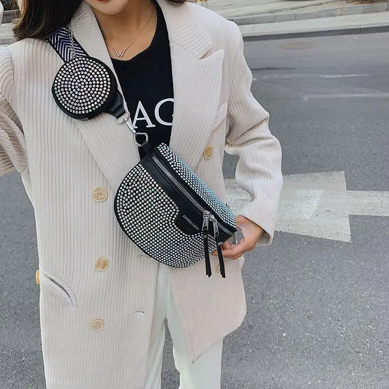 Ladies PU Rhinestone Chest Bags Women Diamonds Shiny Saddle Bag Purses Wallets D0229 1