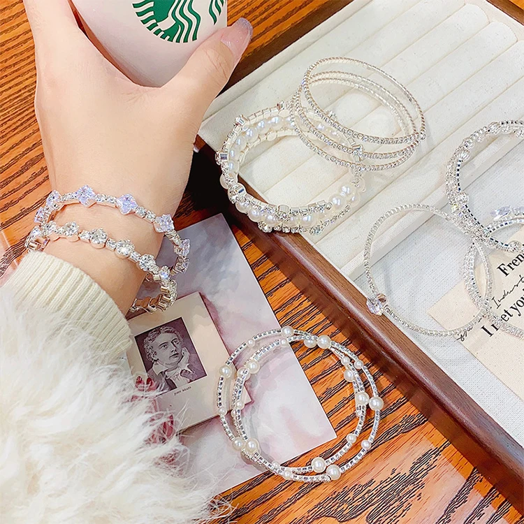 New Style rhinestone bangle for lady  Diamond-studded multi-layer winding   Double pearl bracelet