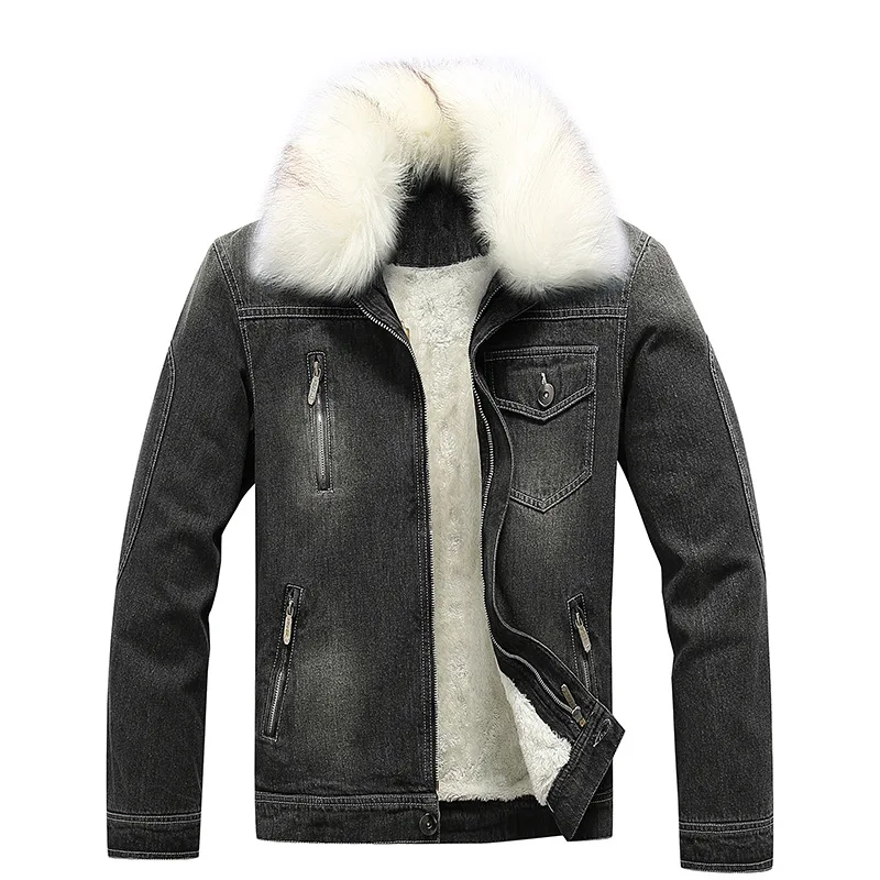 New Design Street Wear Fur Lined Mens Jean Jacket 100% Cotton Winter Warm Black Fitted Jeans For Men Denim Jacket
