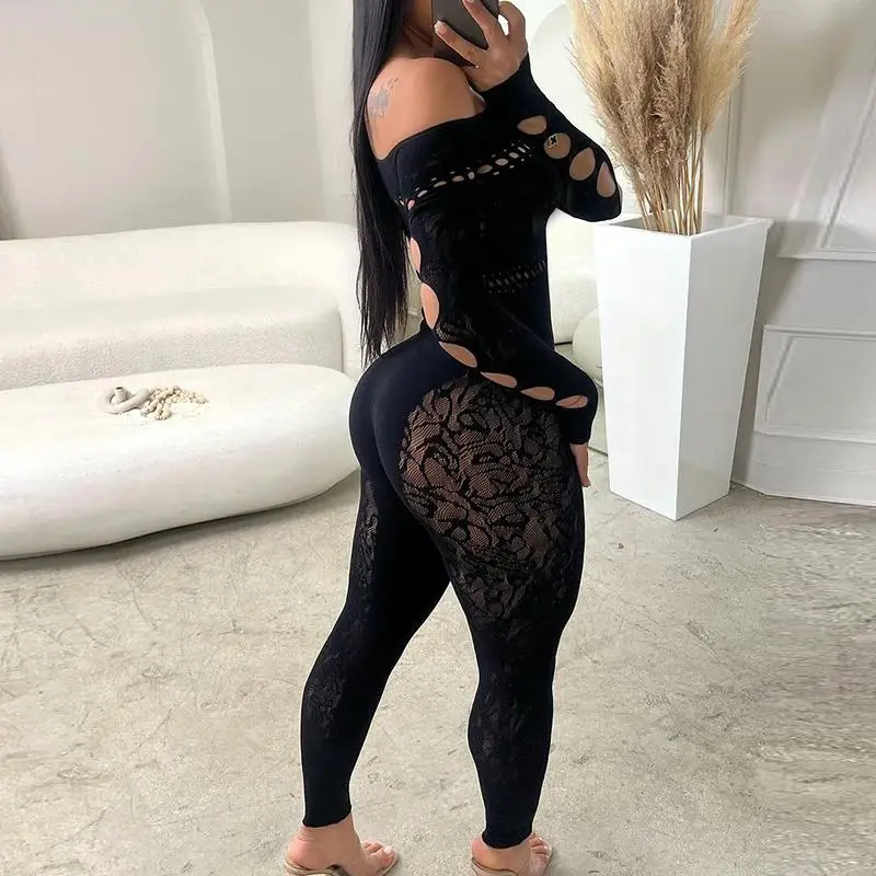 One size European and American sexy hot girl hollow seamless knitted jacquard one-piece high elasticity jumpsuit