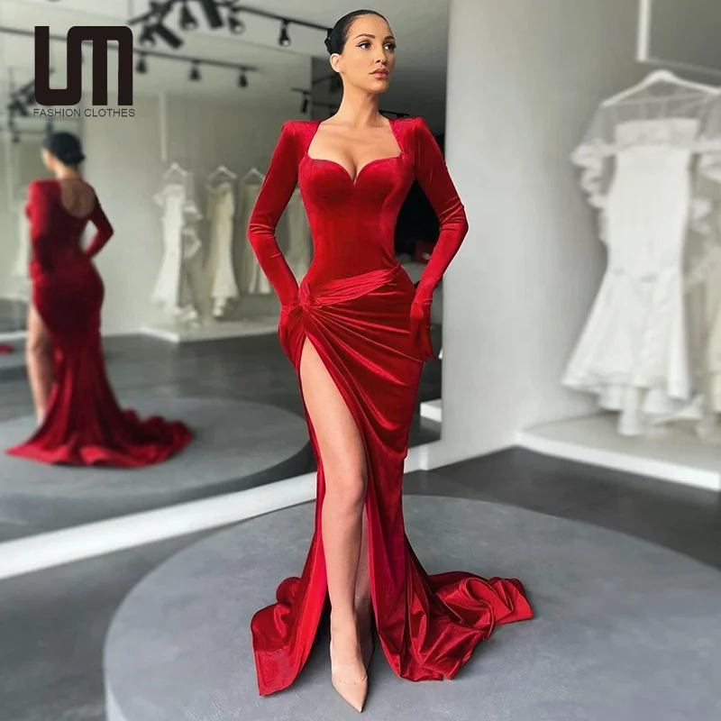 Liu Ming Trending Fashion Luxury Women Sexy V Neck Long Sleeve Velvet Night Party Evening Dress