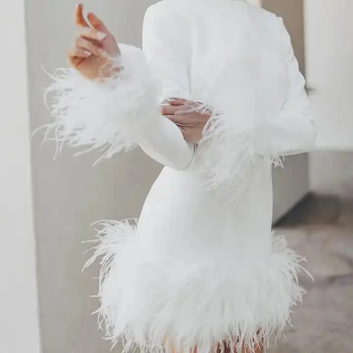 2023 vestidos casual custom designer fashion boutique summer elegant luxury long sleeve white mini dress women with feather