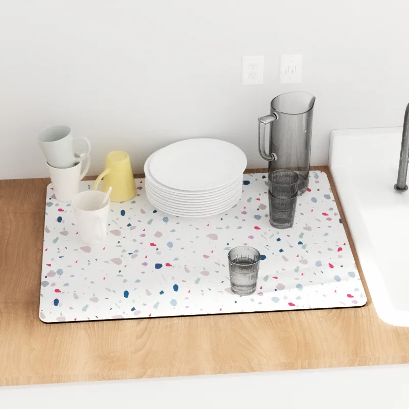 Super Absorbent Dish Drying Mat High Hide Stain Kitchen Countertop Pad Rubber Backed Tray Dinnerware Coffee Bar Pot Cup