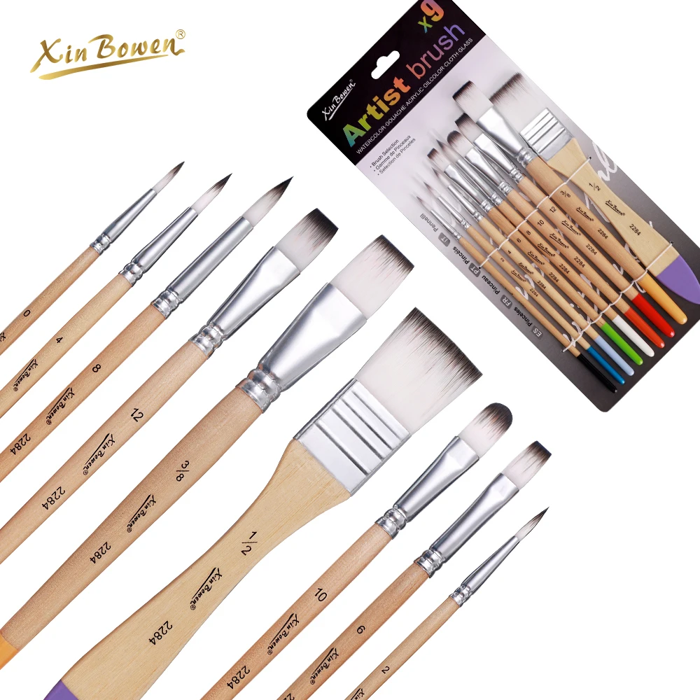 Xin Bowen Blister Card 9pcs Painting Brushes Set Nature Color Artist Brush Colorful Paint Brushes For Art Painting