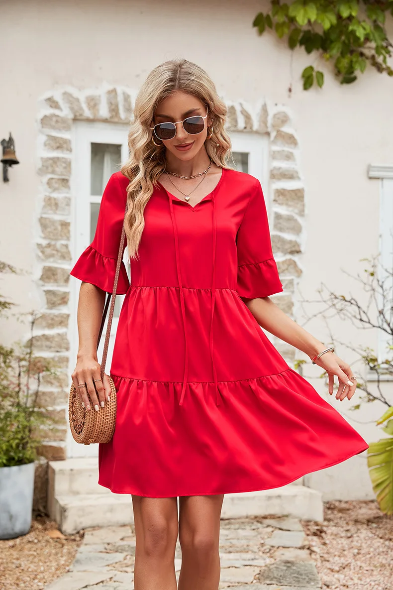 Hot sale V-neck Short Dress with Tie-Front Detail and Ruffled Sleeves High-waisted and Loose Fit clothing manufacturers custom