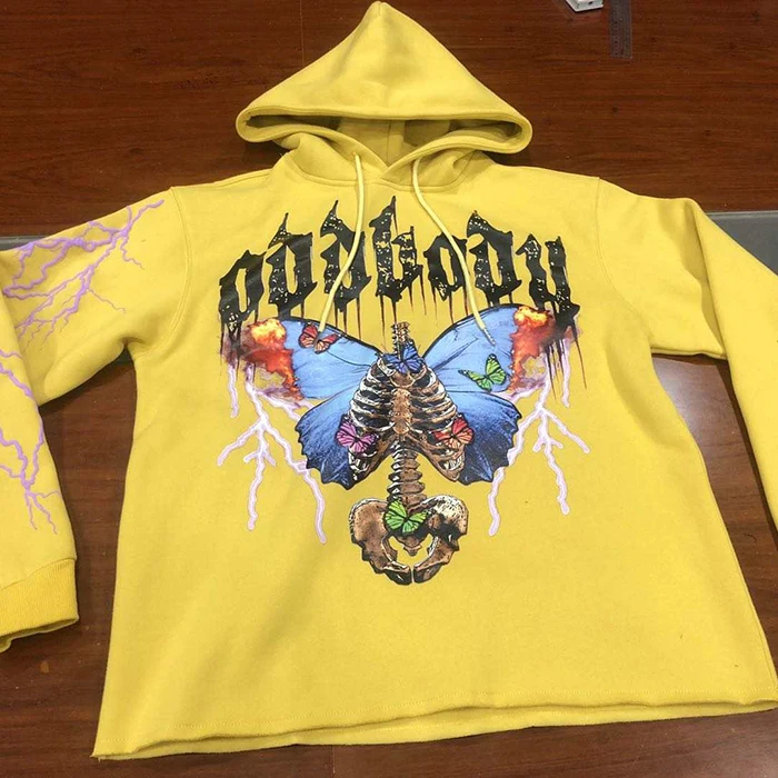 huili low moq custom foam print graphic hoodie men thick 3d puff print cut dege cropped raw hem hoodies