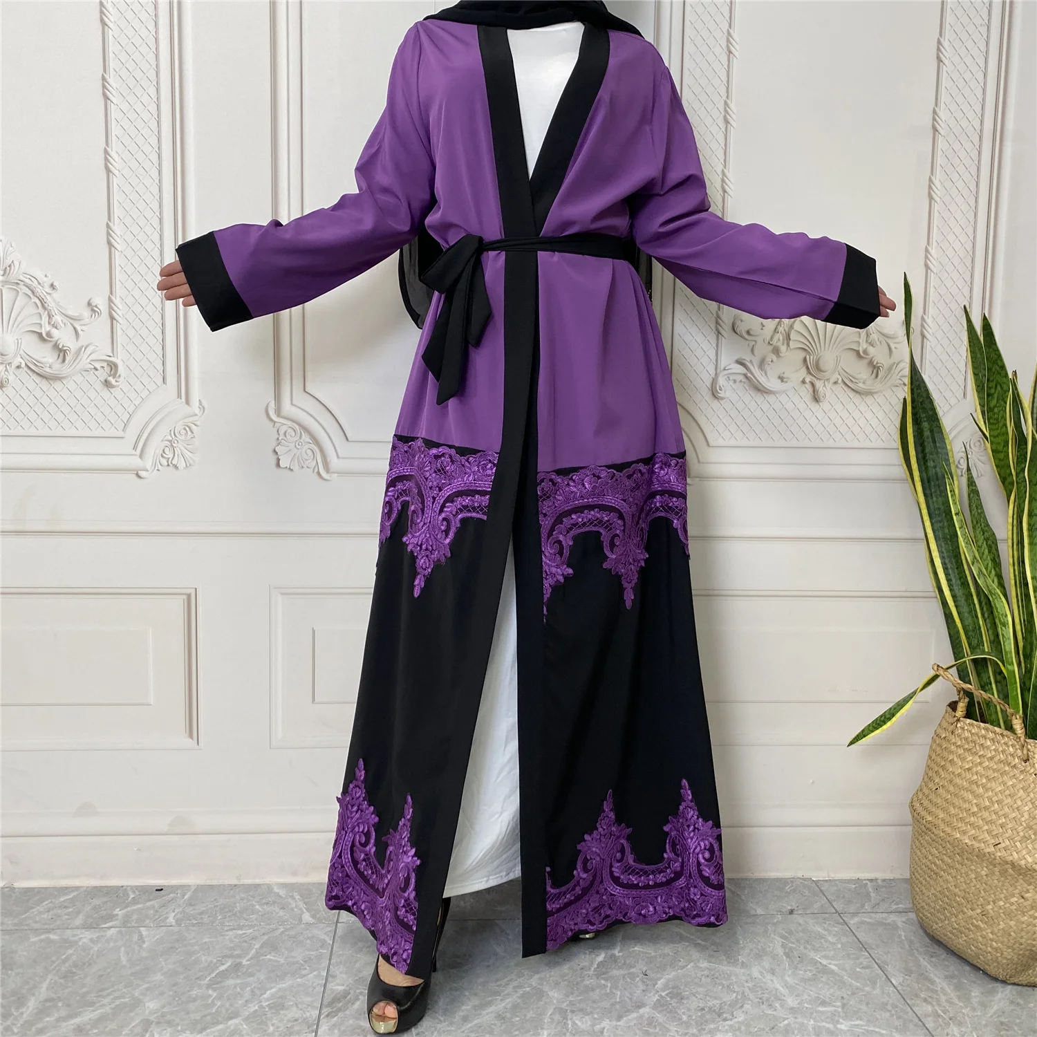 Luxury Ramadan Contrast Color Appliques Islamic Clothing Women Muslim Dresses Abaya