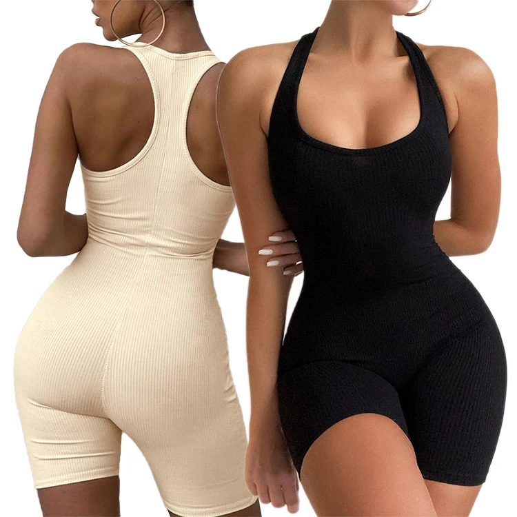 2022 Custom Logo Woman Sexy Solid Halter Backless Short Sport Active Wear Gym Workout Romper One Piece Yoga Jumpsuit For Women